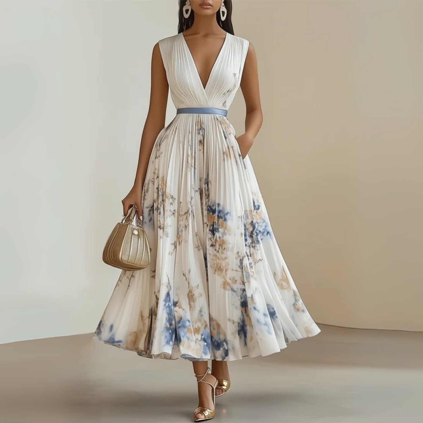 Elegant Floral Midi Dress for Women with V Neck Formal Style