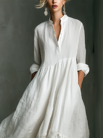 Effortless White Maxi Dress for Women with Stand Collar Style