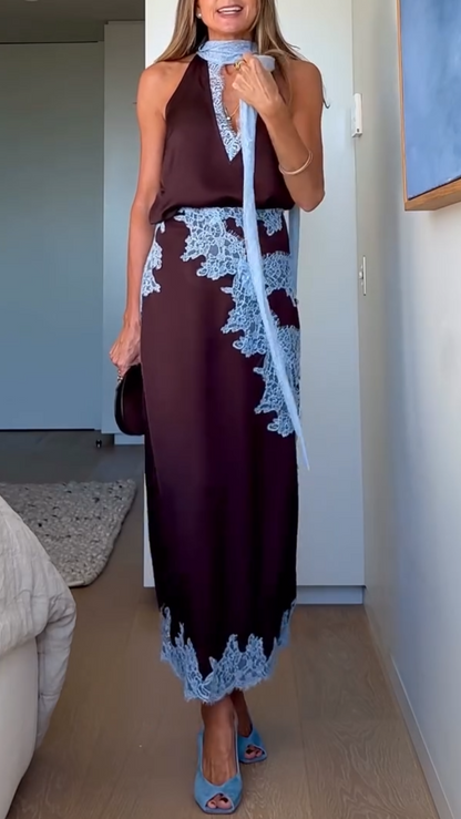 Elegant Brown Maxi Dress for Women with V Neck Halter Style