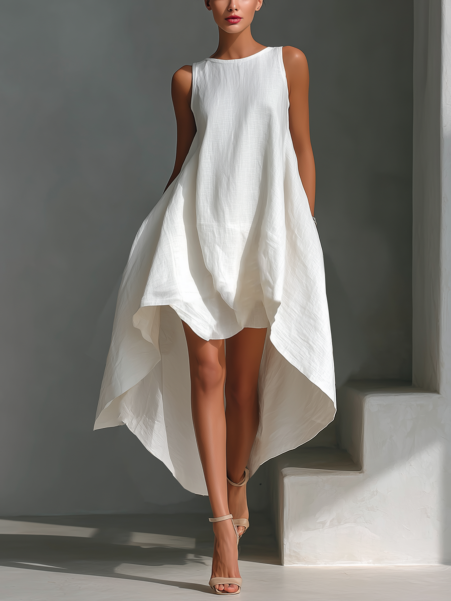 Effortless Linen Midi Dress for Women with Round Neck Style