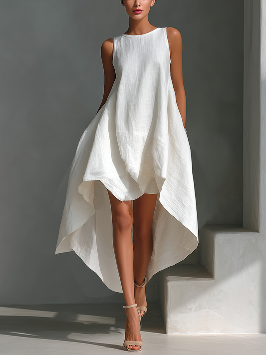 Effortless Linen Midi Dress for Women with Round Neck Style