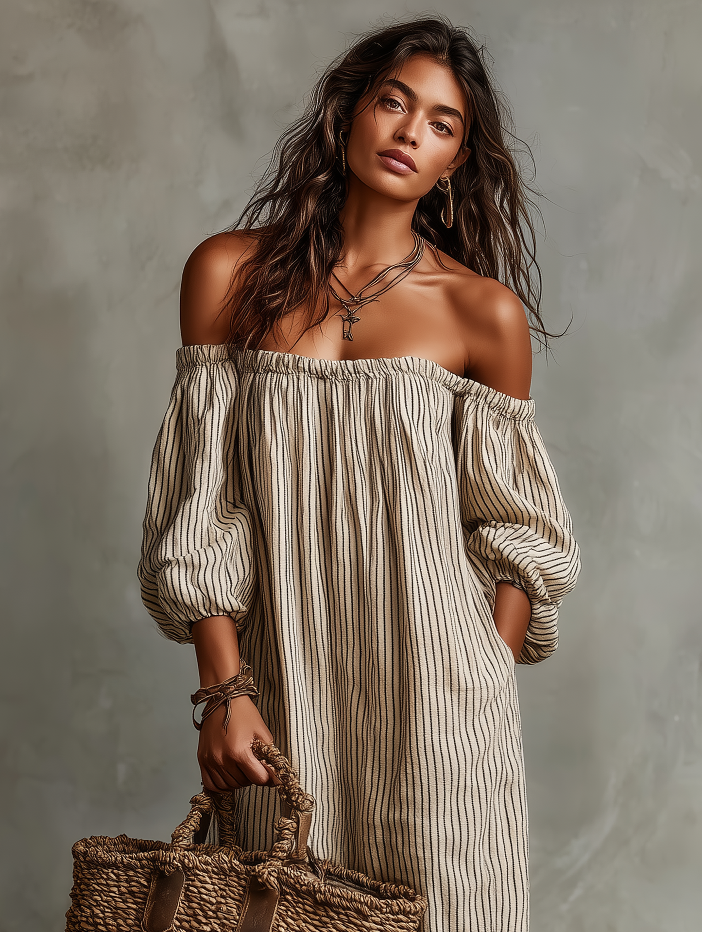 Effortless Striped Linen Maxi Dress for Women with Off Shoulder Style