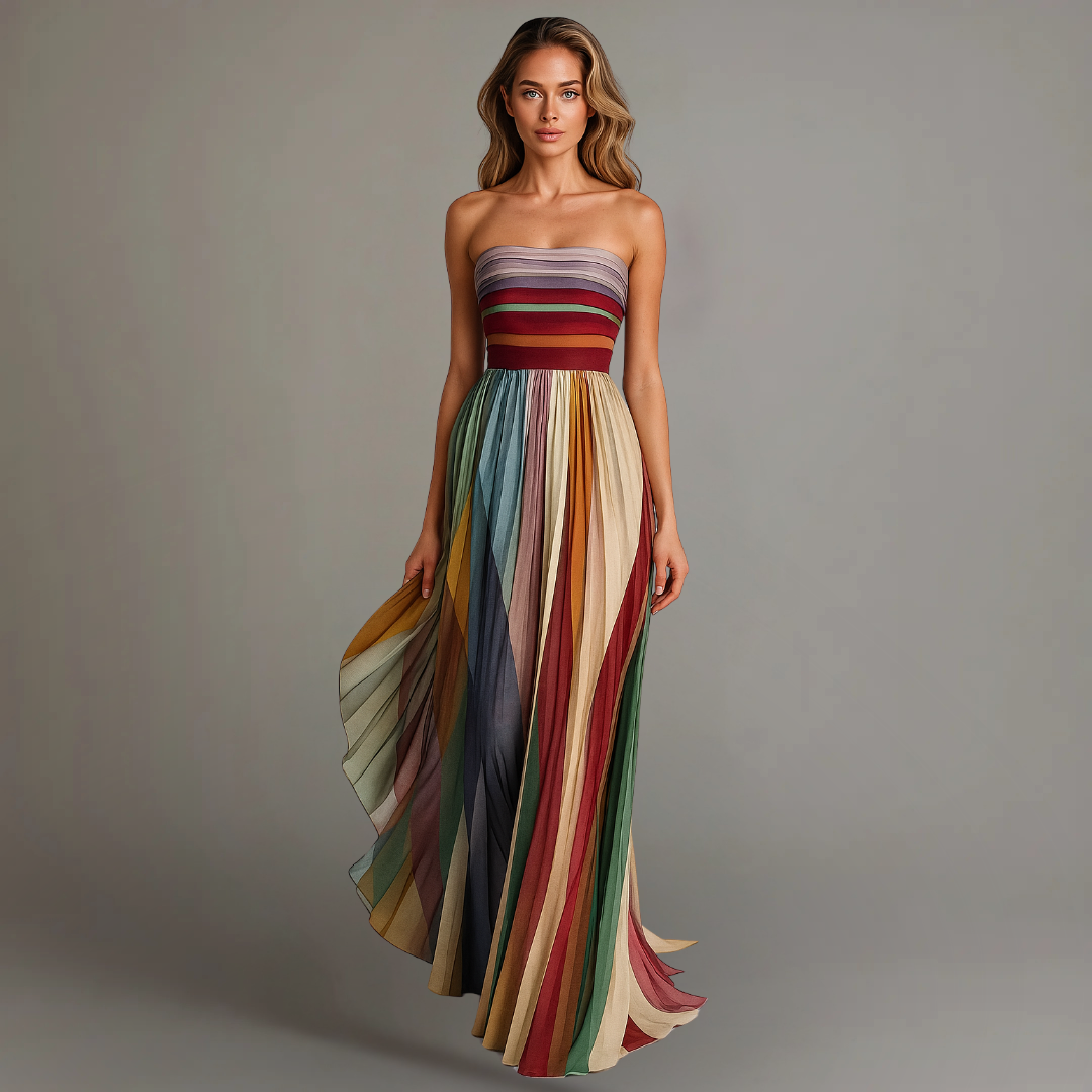 Elegant Multicolor Striped Maxi Dress for Women with Strapless Formal Wedding Guest Style