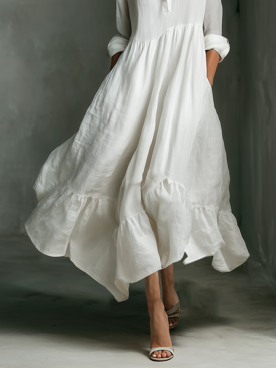 Effortless White Maxi Dress for Women with Stand Collar Style