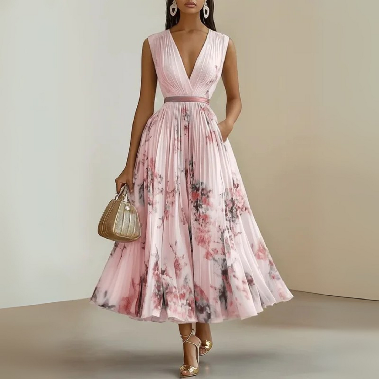 Elegant Floral Midi Dress for Women with V Neck Formal Style