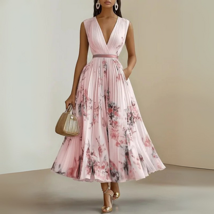 Elegant Floral Midi Dress for Women with V Neck Formal Style