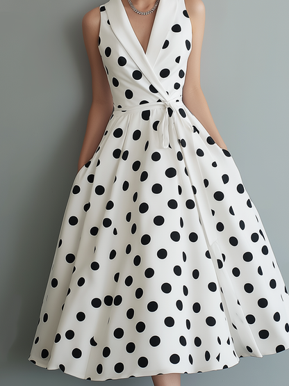 Elegant Black and White Polka Dot Midi Dress for Women with V Neck Style