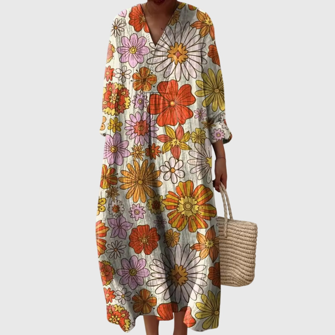 Effortless Linen Maxi Dress for Women with V Neck Long Sleeve Style