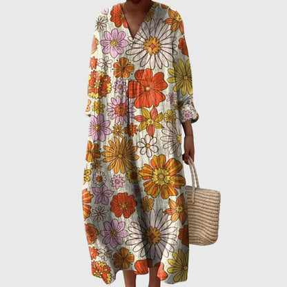 Effortless Linen Maxi Dress for Women with V Neck Long Sleeve Style