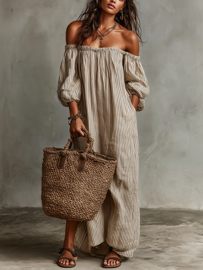 Effortless Striped Linen Maxi Dress for Women with Off Shoulder Style