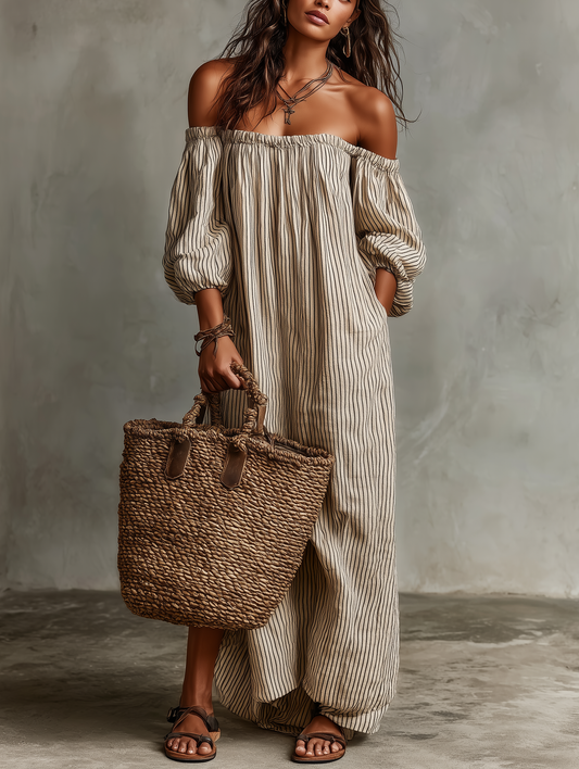Effortless Striped Linen Maxi Dress for Women with Off Shoulder Style