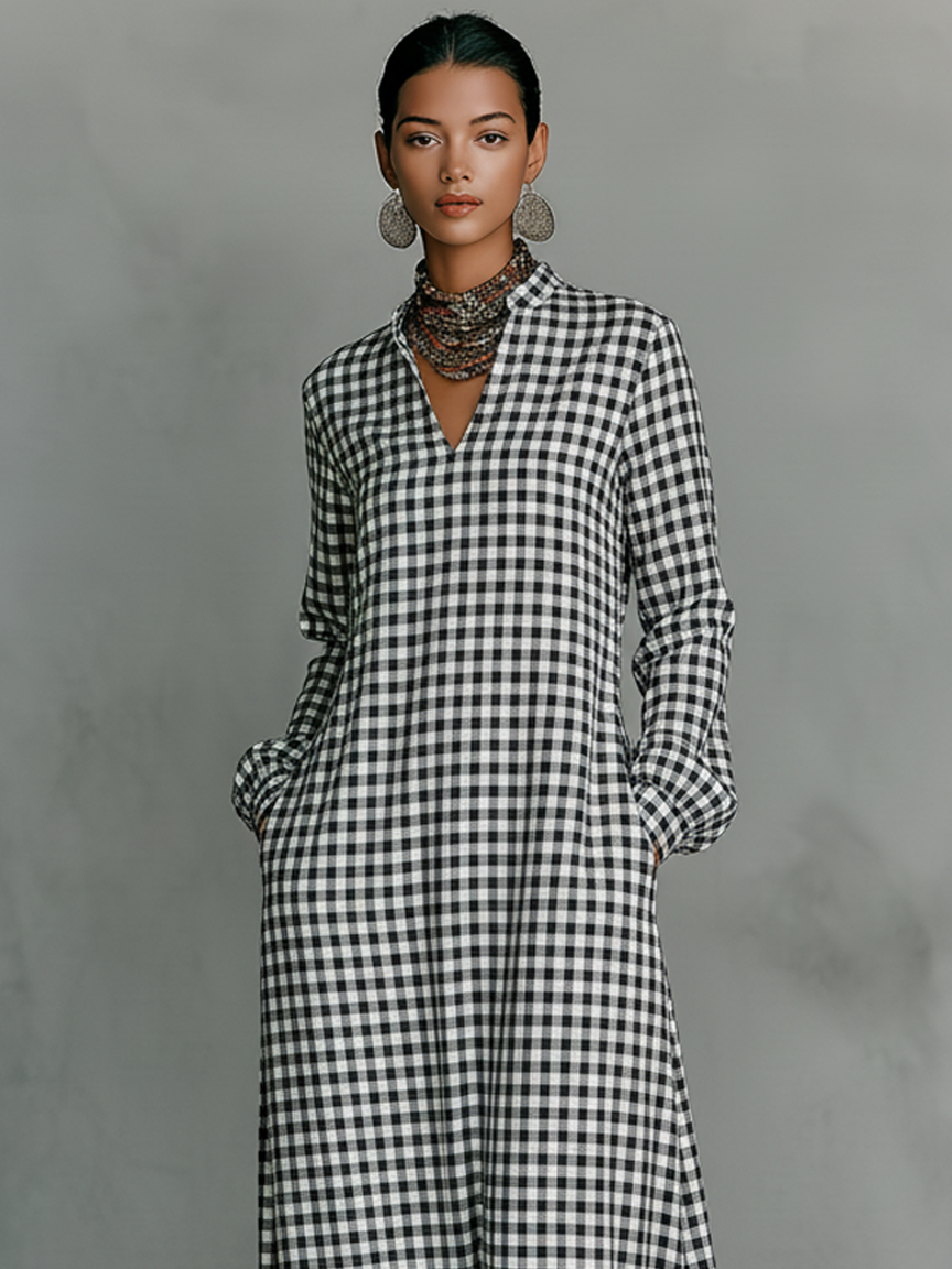 Effortless Plaid Maxi Dress for Women with V Neck Style