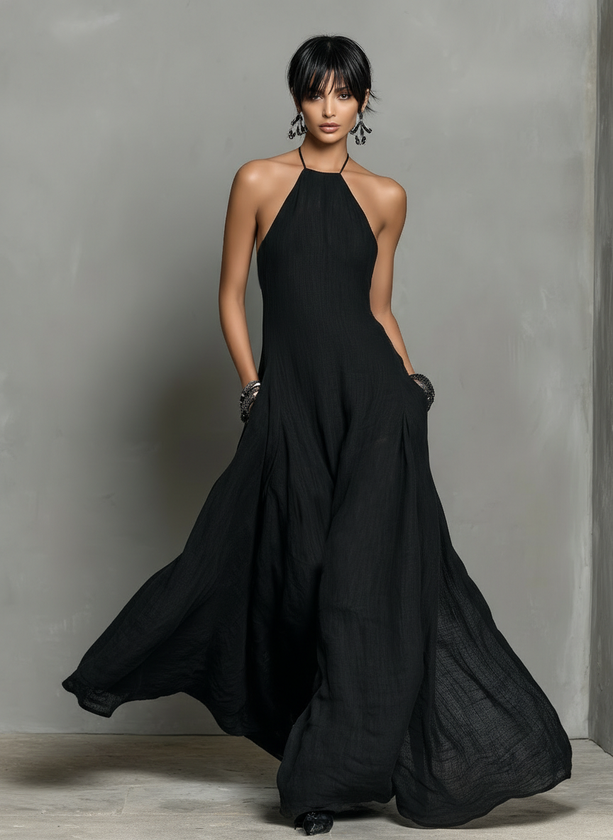 Elegant Black Maxi Dress for Women with Halter Neck Style