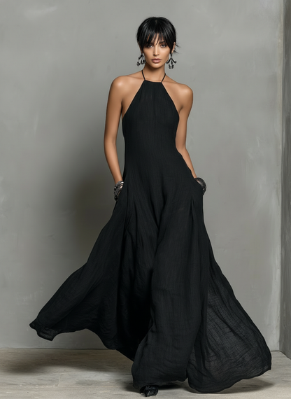Elegant Black Maxi Dress for Women with Halter Neck Style