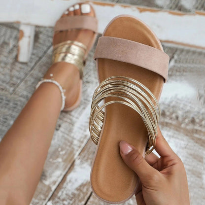 Metallic Slide Sandals with Multi Strap Detail