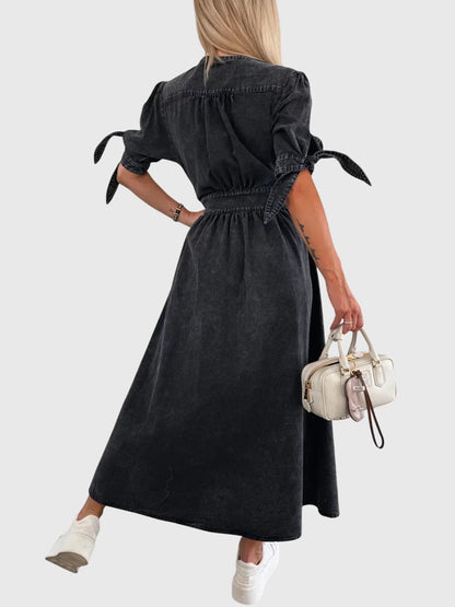 Effortless Denim Midi Dress for Women with V Neck Style