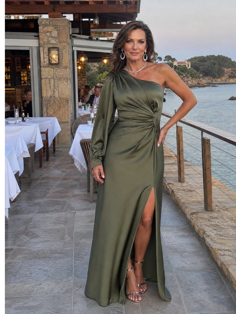 Elegant Satin Maxi Dress for Women with One Shoulder Wedding Guest Dress Style