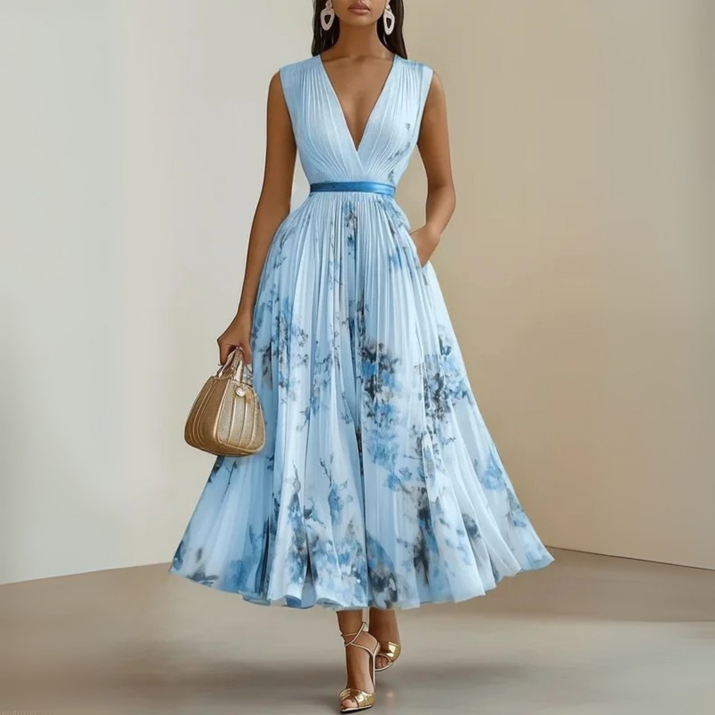 Elegant Floral Midi Dress for Women with V Neck Formal Style