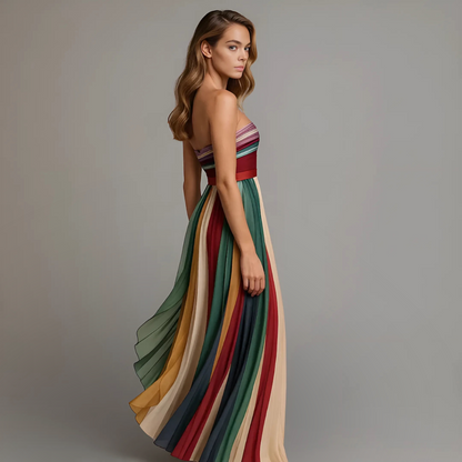Elegant Multicolor Striped Maxi Dress for Women with Strapless Formal Wedding Guest Style