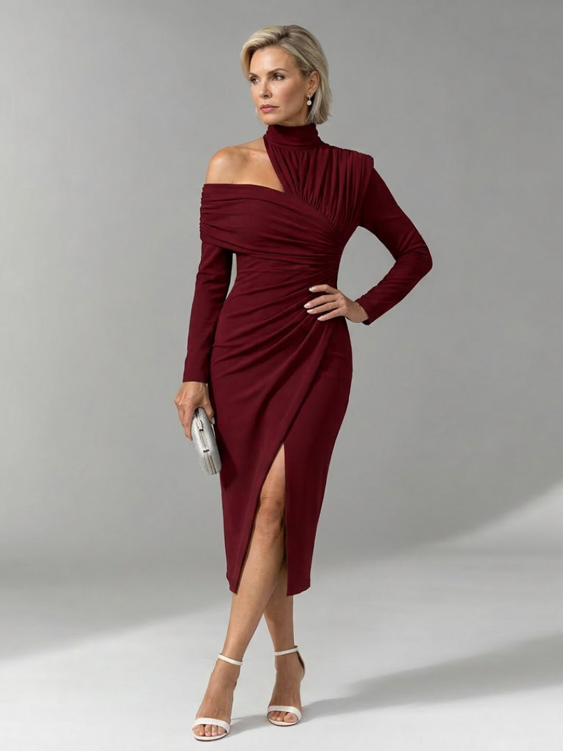 Elegant Midi Dress for Women with Mock Neck Wedding Guest Dress Style