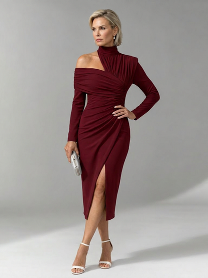 Elegant Midi Dress for Women with Mock Neck Wedding Guest Dress Style