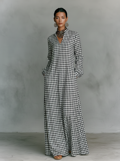 Effortless Plaid Maxi Dress for Women with V Neck Style