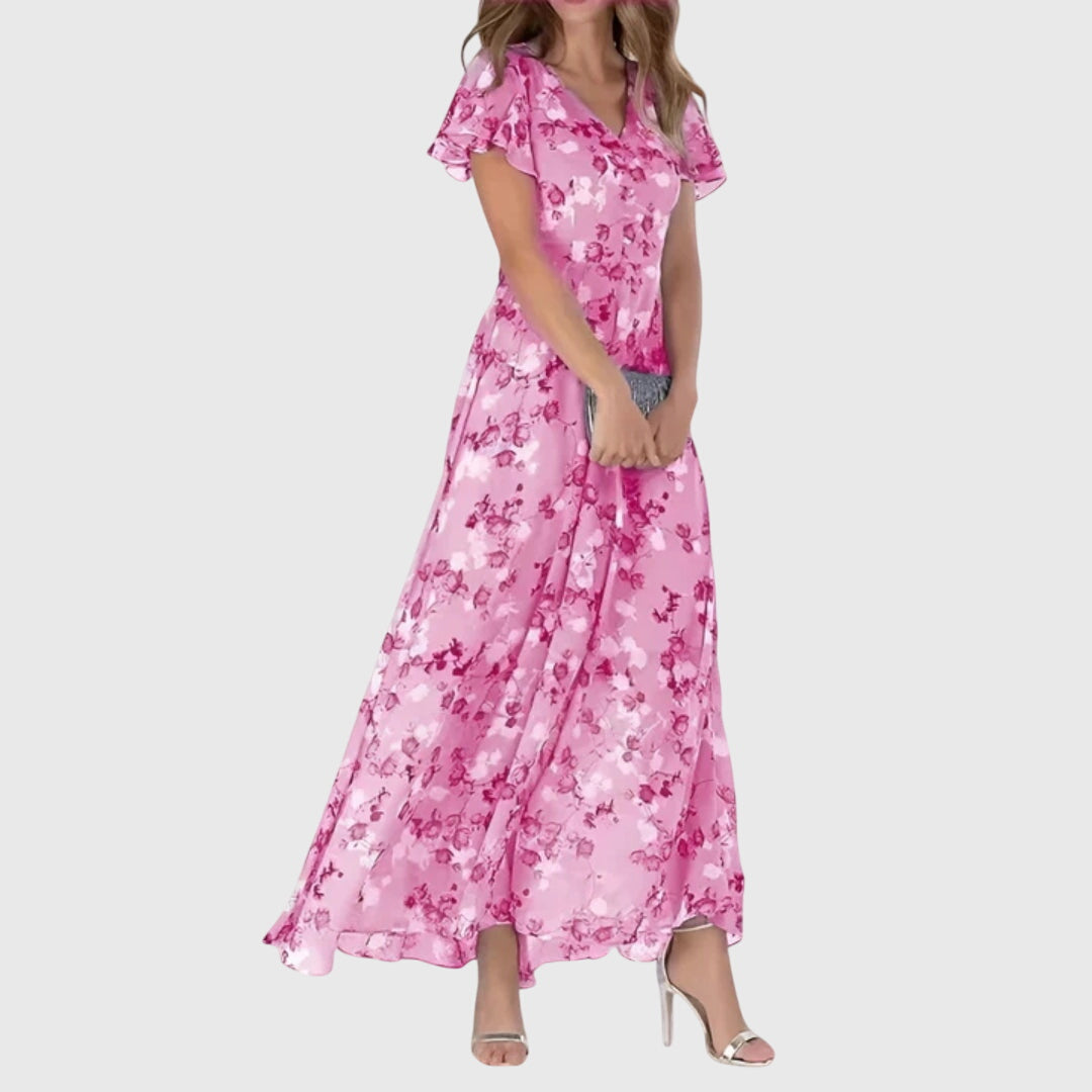 Effortless Floral Maxi Dress for Women with V Neck Flutter Sleeve Style