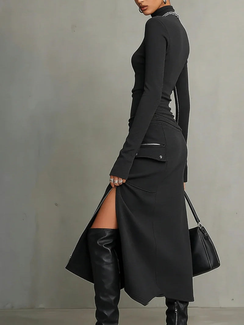 Stylish Dark Grey Turtleneck Two Piece Set for Women