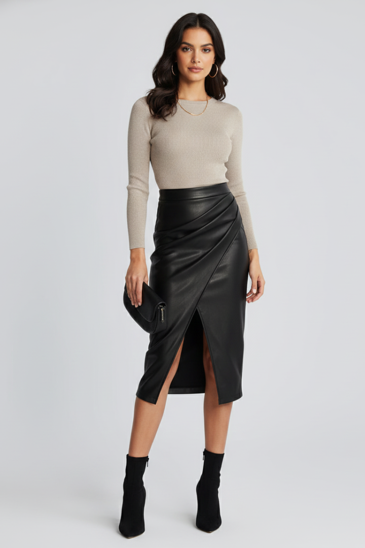 Elegant Midi Skirt for Women with High Waist Faux Leather Wrap Front Split Fitted Casual Style
