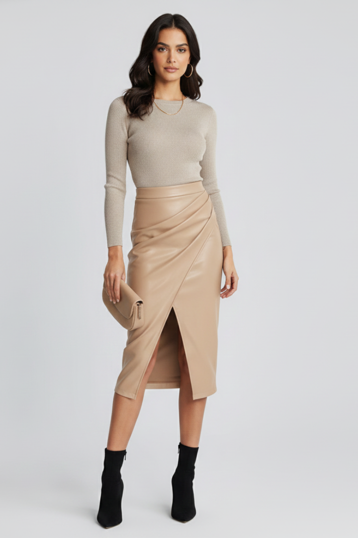 Elegant Midi Skirt for Women with High Waist Faux Leather Wrap Front Split Fitted Casual Style