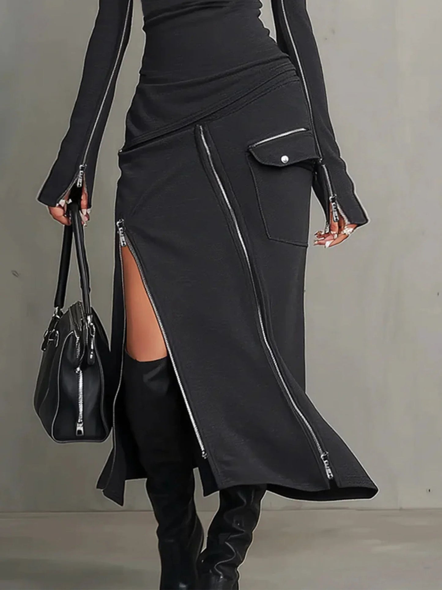 Stylish Dark Grey Turtleneck Two Piece Set for Women