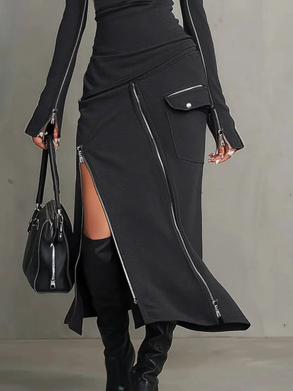 Stylish Dark Grey Turtleneck Two Piece Set for Women