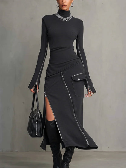 Stylish Dark Grey Turtleneck Two Piece Set for Women