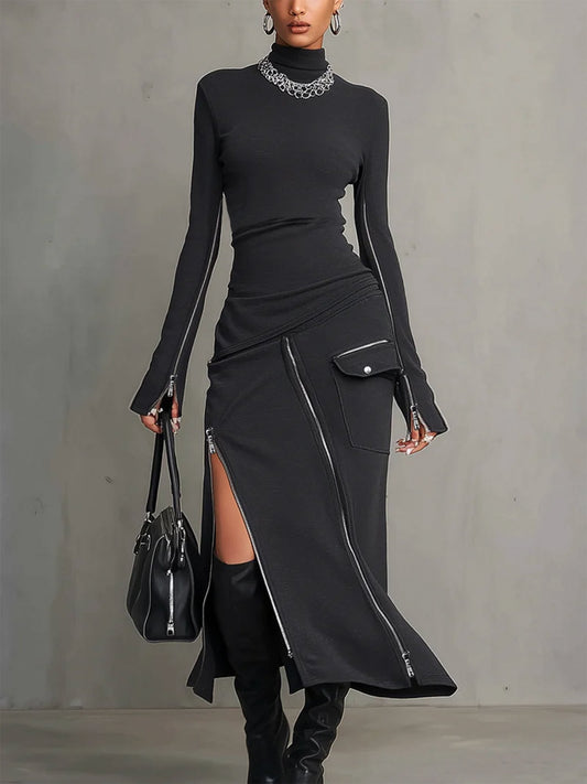 Stylish Dark Grey Turtleneck Two Piece Set for Women