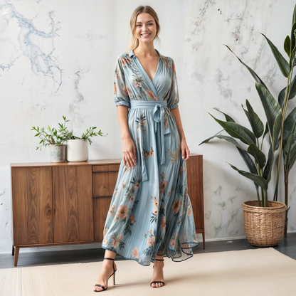 Blue Floral Wrap Midi Dress