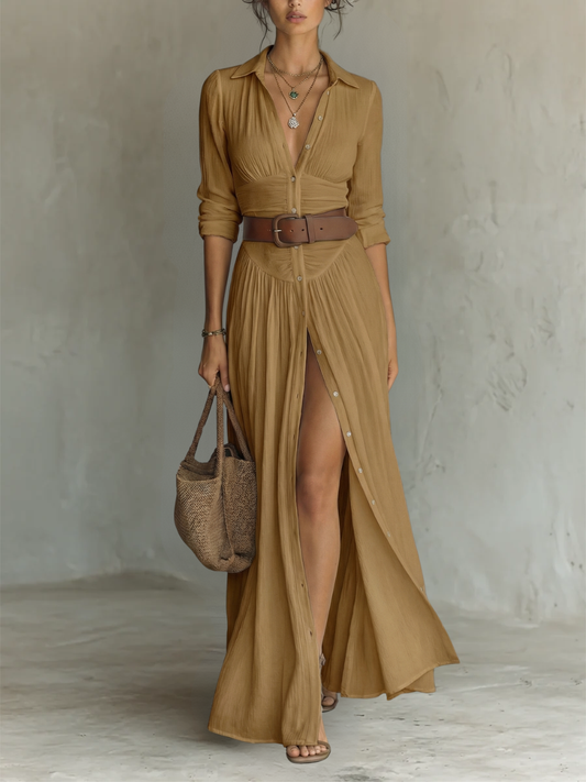 Brown Belted Maxi Dress with High Slit