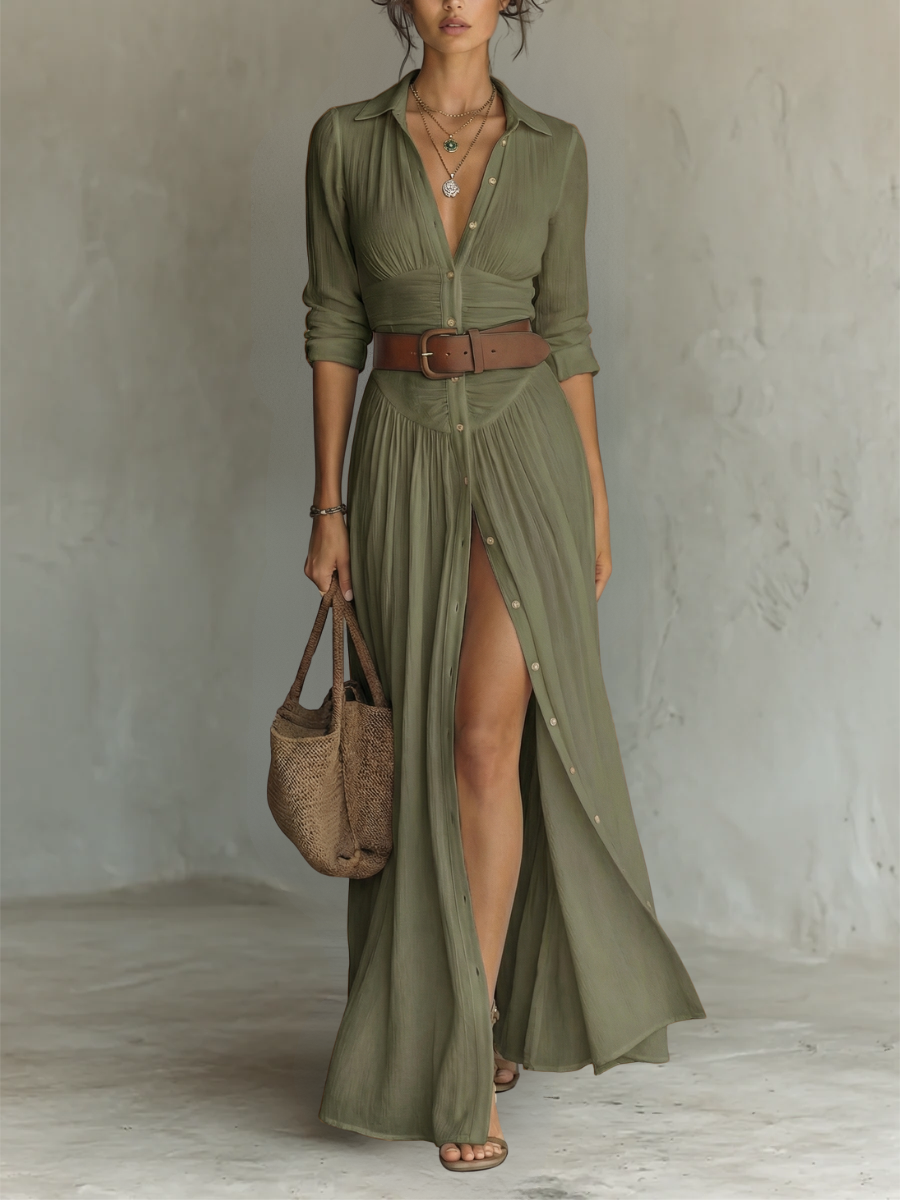 Belted Wedding Guest Maxi Dress with Front Split