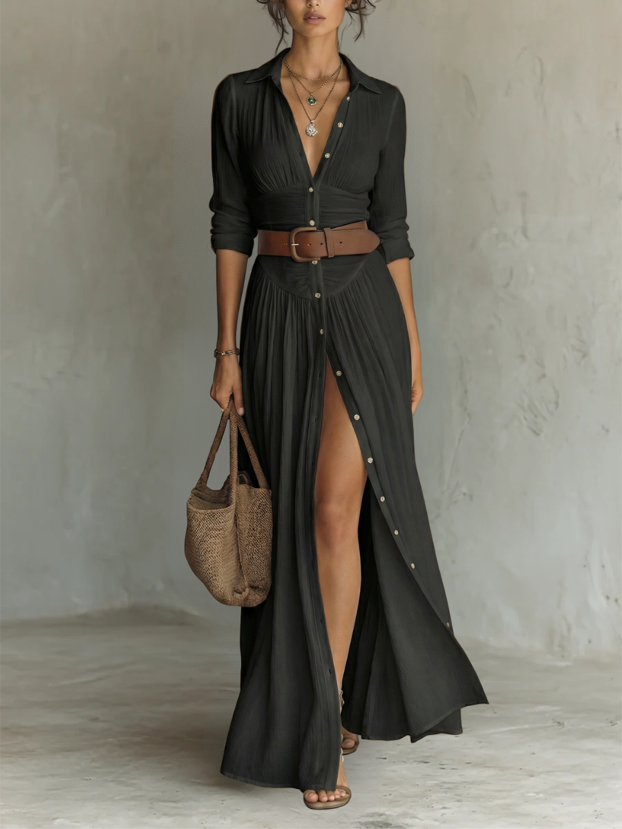 Black Belted Maxi Dress with High Slit