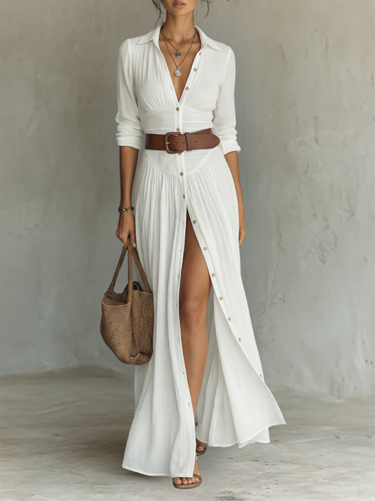White Belted Maxi Dress with High Slit