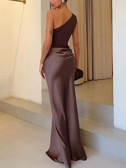 Elegant Satin Maxi Dress for Women with One Shoulder Formal Wedding Guest Style