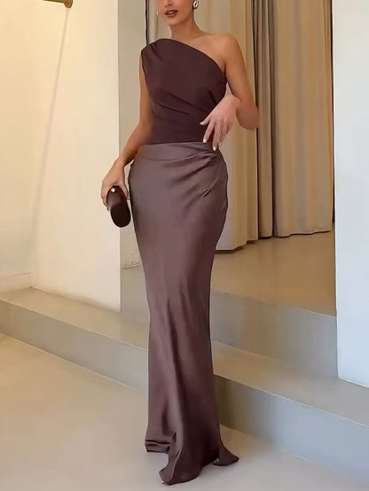 Elegant Satin Maxi Dress for Women with One Shoulder Formal Wedding Guest Style