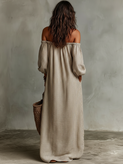 Effortless Striped Linen Maxi Dress for Women with Off Shoulder Style