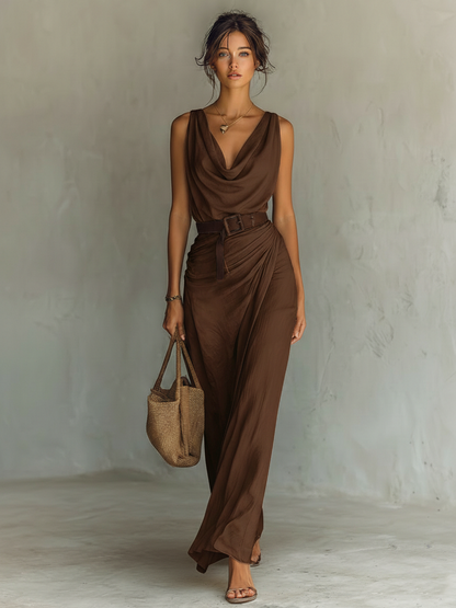 Elegant Brown Maxi Dress for Women with Cowl Neck Style