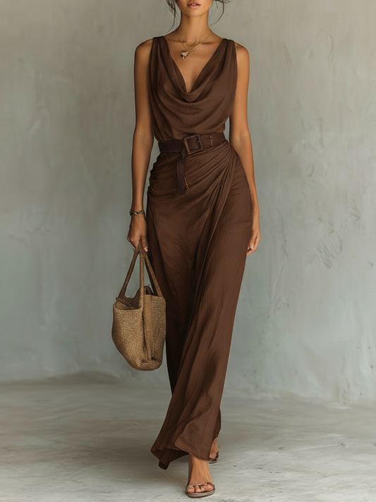 Elegant Brown Maxi Dress for Women with Cowl Neck Style