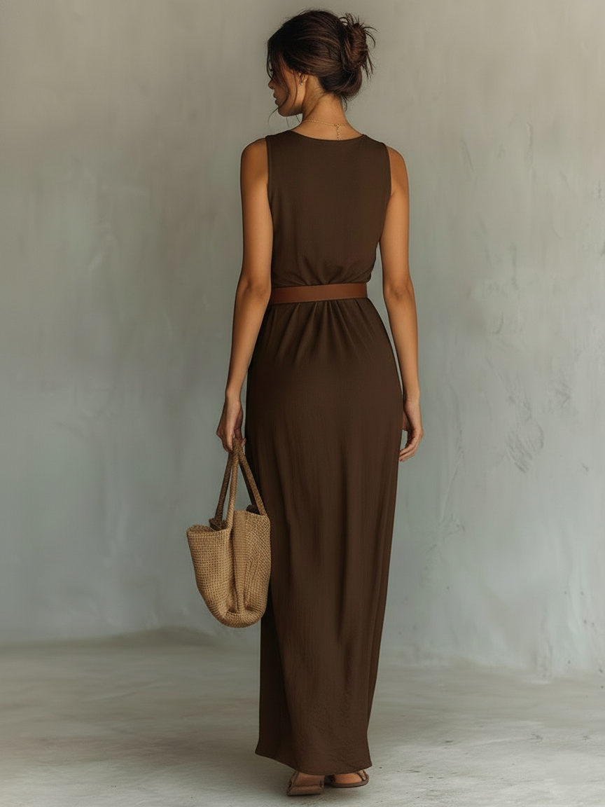 Elegant Brown Maxi Dress for Women with Cowl Neck Style