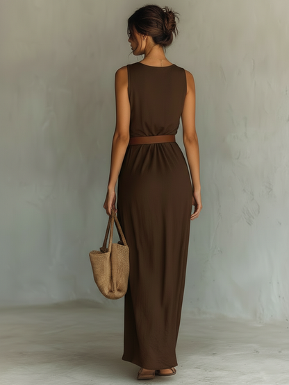 Elegant Brown Maxi Dress for Women with Cowl Neck Style