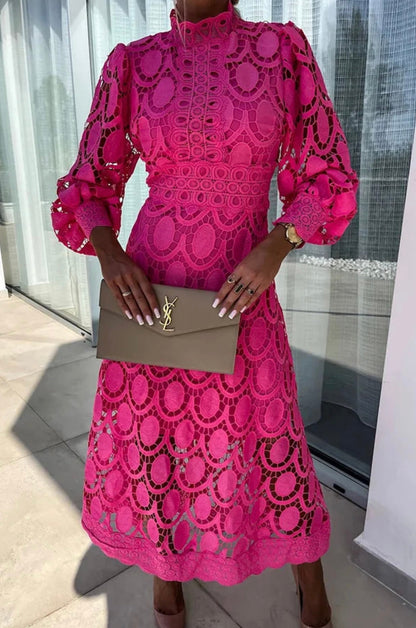 Rose Lace Wedding Guest Midi Dress