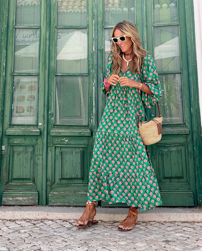Effortless Printed Maxi Dress for Women with V Neck Style