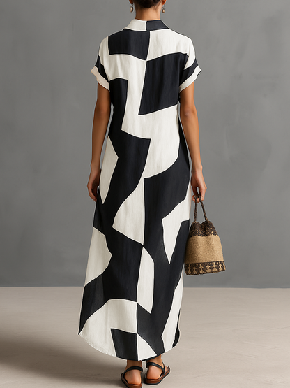 Stylish Black and White Shirt Dress for Women with Lapel Collar Style