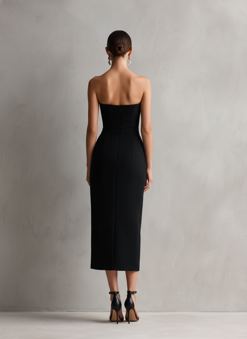 Elegant Black Midi Dress for Women with Strapless Wedding Guest Dress Style